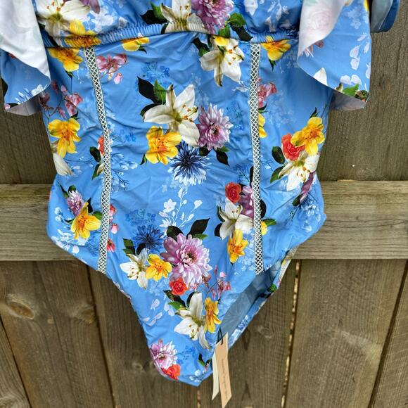 Nanette Lepore Swimsuit One Piece Floral Ruffle Blue Medium NWT Beach Vacation - Picture 4 of 9